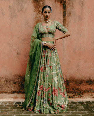 Green Printed Gathered Skirt Set by Drishti & Zahabia, available on Indiaspopup.com