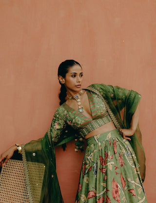 Green Printed Gathered Skirt Set by Drishti & Zahabia, available on Indiaspopup.com