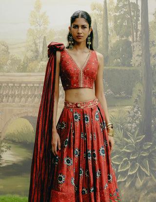 Red Box Pleat Panelled Lehenga Set by Drishti & Zahabia, available on Indiaspopup.com