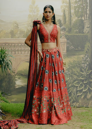 Red Box Pleat Panelled Lehenga Set by Drishti & Zahabia, available on Indiaspopup.com