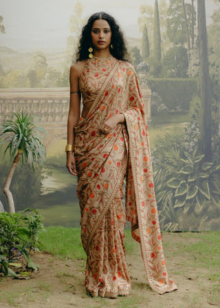 Biscuit Printed Sari And Blouse by Drishti & Zahabia, available on Indiaspopup.com