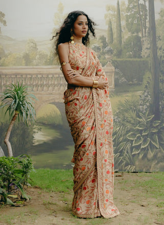 Biscuit Printed Sari And Blouse by Drishti & Zahabia, available on Indiaspopup.com