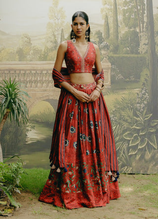 Red Box Pleat Panelled Lehenga Set by Drishti & Zahabia, available on Indiaspopup.com