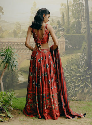 Red Box Pleat Panelled Lehenga Set by Drishti & Zahabia, available on Indiaspopup.com