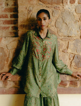 Green Printed Shirt And Sharara by Drishti & Zahabia, available on Indiaspopup.com