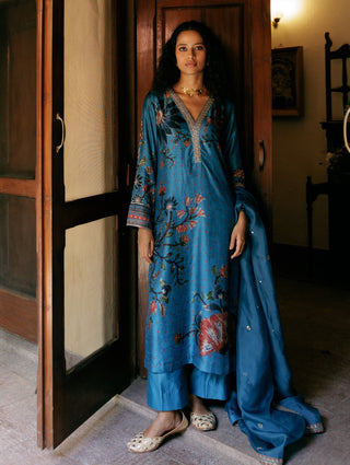 Blue Placement Printed Kurta Set by Drishti & Zahabia, available on Indiaspopup.com