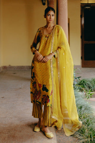 Yellow Mix Printed Kurta Set by Drishti & Zahabia, available on Indiaspopup.com