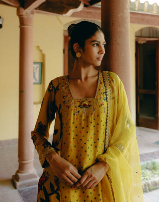 Yellow Mix Printed Kurta Set by Drishti & Zahabia, available on Indiaspopup.com