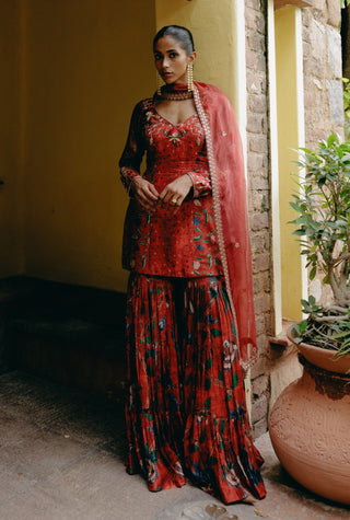 Red Mix Print Tunic And Sharara Set by Drishti & Zahabia, available on Indiaspopup.com