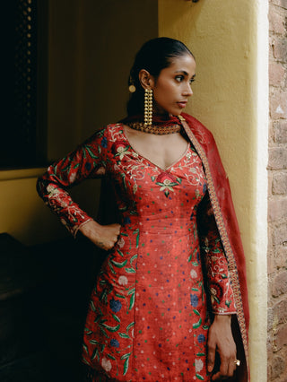 Red Mix Print Tunic And Sharara Set by Drishti & Zahabia, available on Indiaspopup.com