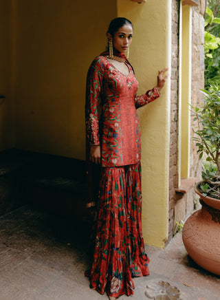 Red Mix Print Tunic And Sharara Set by Drishti & Zahabia, available on Indiaspopup.com