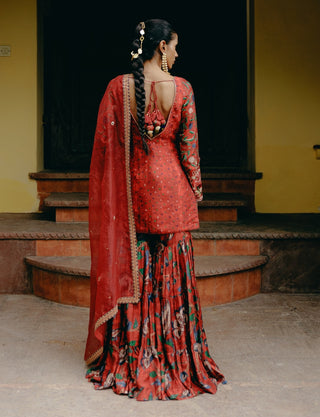 Red Mix Print Tunic And Sharara Set by Drishti & Zahabia, available on Indiaspopup.com