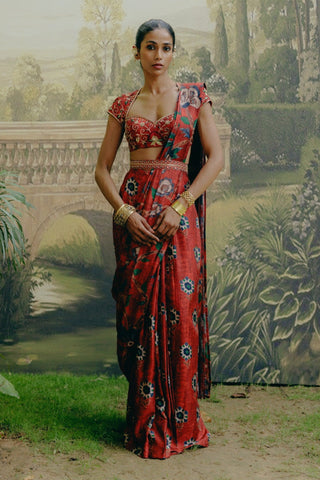 Red Mix Print Pre-Draped Sari And Blouse by Drishti & Zahabia, available on Indiaspopup.com