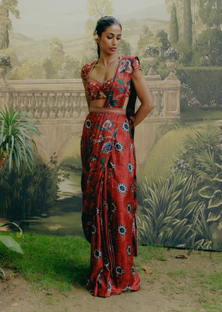 Red Mix Print Pre-Draped Sari And Blouse by Drishti & Zahabia, available on Indiaspopup.com