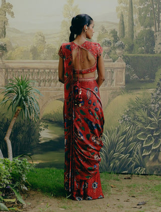 Red Mix Print Pre-Draped Sari And Blouse by Drishti & Zahabia, available on Indiaspopup.com