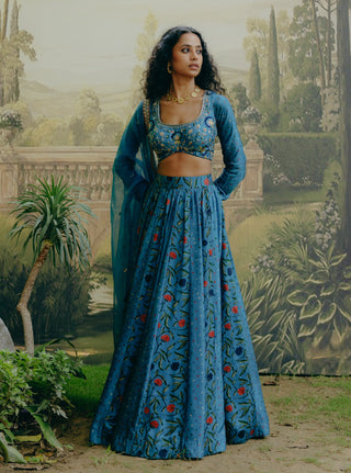 Blue Mix Print Paneled Lehenga Set by Drishti & Zahabia, available on Indiaspopup.com