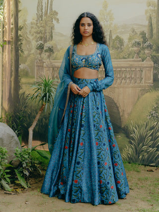 Blue Mix Print Paneled Lehenga Set by Drishti & Zahabia, available on Indiaspopup.com