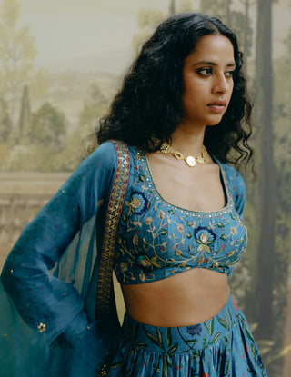 Blue Mix Print Paneled Lehenga Set by Drishti & Zahabia, available on Indiaspopup.com