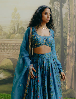 Blue Mix Print Paneled Lehenga Set by Drishti & Zahabia, available on Indiaspopup.com