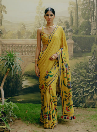 Yellow Georgette Printed Sari And Blouse by Drishti & Zahabia, available on Indiaspopup.com