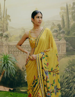 Yellow Georgette Printed Sari And Blouse by Drishti & Zahabia, available on Indiaspopup.com