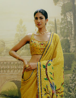 Yellow Georgette Printed Sari And Blouse by Drishti & Zahabia, available on Indiaspopup.com