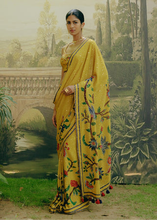 Yellow Georgette Printed Sari And Blouse by Drishti & Zahabia, available on Indiaspopup.com