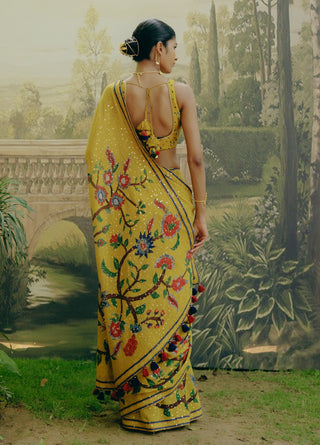 Yellow Georgette Printed Sari And Blouse by Drishti & Zahabia, available on Indiaspopup.com