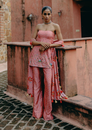 Pink Embroidered Tube Top And Palazzo Set by Drishti & Zahabia, available on Indiaspopup.com