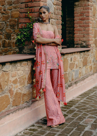 Pink Embroidered Tube Top And Palazzo Set by Drishti & Zahabia, available on Indiaspopup.com