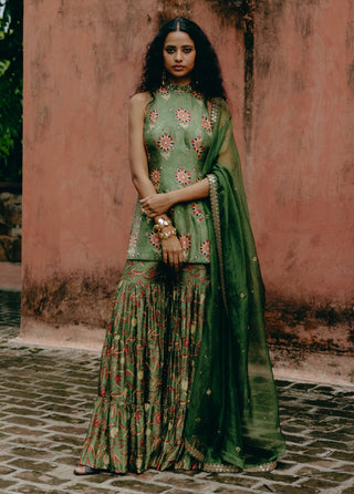 Green Printed Top And Sharara Set by Drishti & Zahabia, available on Indiaspopup.com