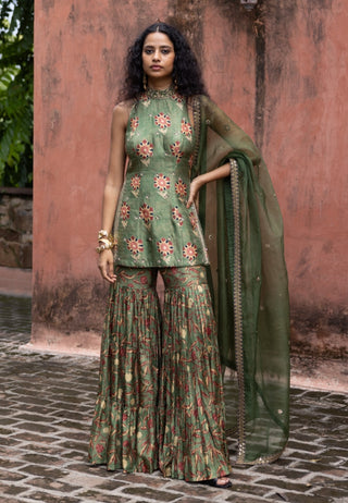 Green Printed Top And Sharara Set by Drishti & Zahabia, available on Indiaspopup.com