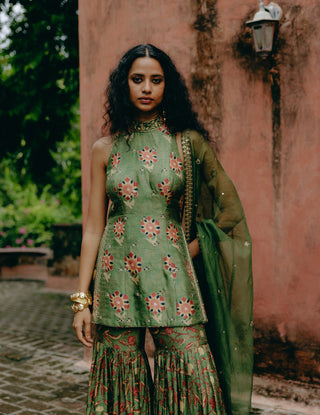 Green Printed Top And Sharara Set by Drishti & Zahabia, available on Indiaspopup.com