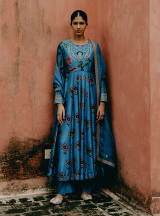 Blue Mix Print Anarkali Set by Drishti & Zahabia, available on Indiaspopup.com