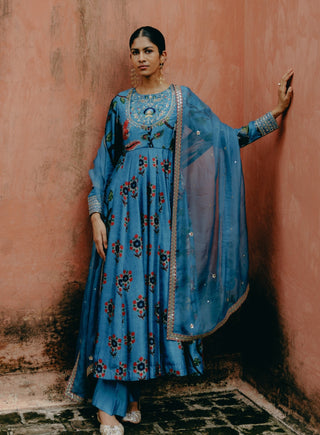 Blue Mix Print Anarkali Set by Drishti & Zahabia, available on Indiaspopup.com