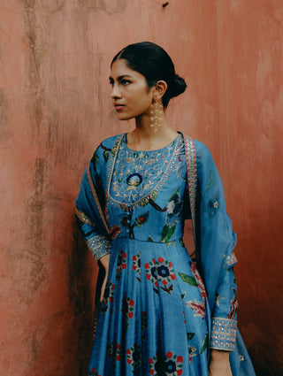 Blue Mix Print Anarkali Set by Drishti & Zahabia, available on Indiaspopup.com