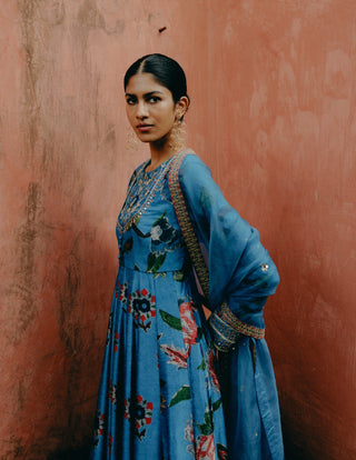 Blue Mix Print Anarkali Set by Drishti & Zahabia, available on Indiaspopup.com