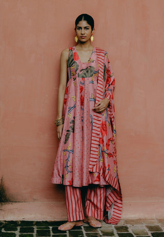 Pink Mix Printed Anarkali Set by Drishti & Zahabia, available on Indiaspopup.com