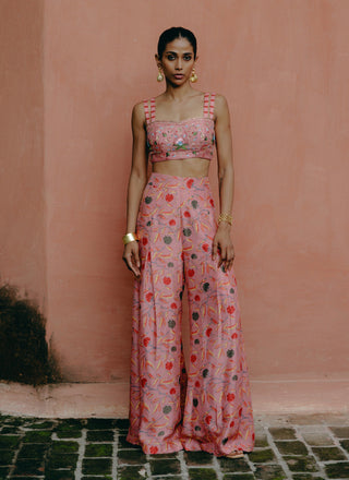 Pink Printed Crop Top And Palazzo by Drishti & Zahabia, available on Indiaspopup.com