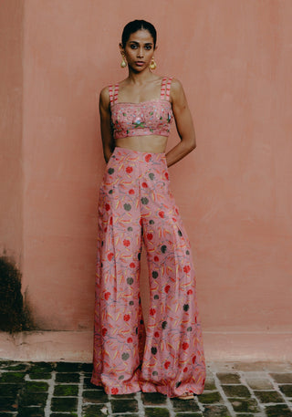 Pink Printed Crop Top And Palazzo by Drishti & Zahabia, available on Indiaspopup.com