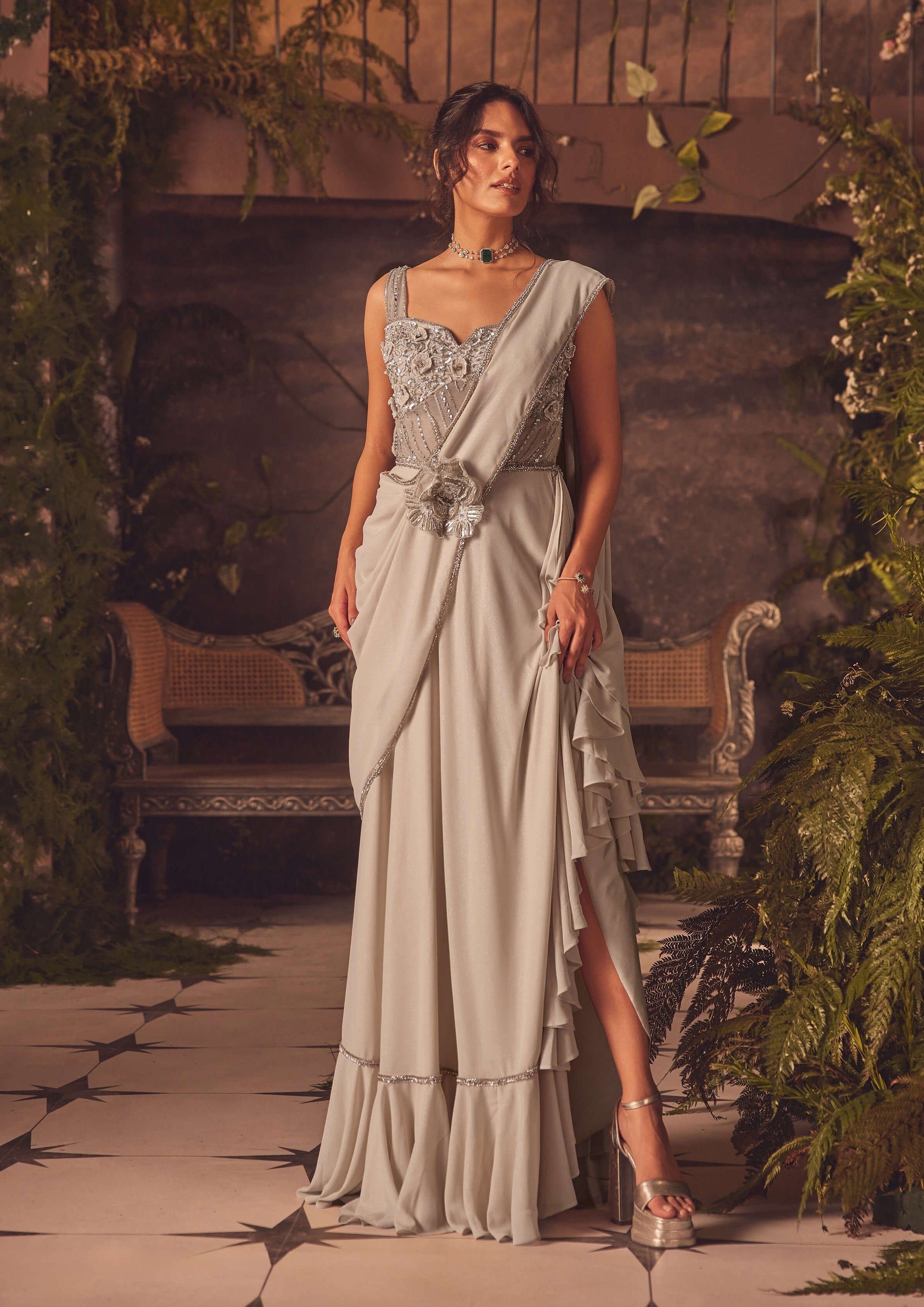 Dusk ivory draped gown sari CUSTOM