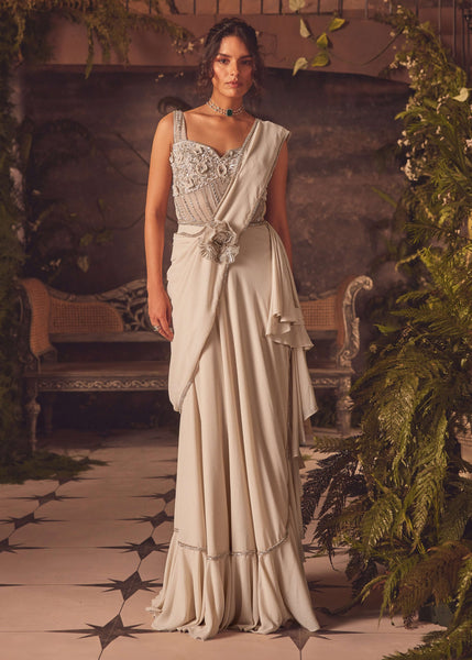 Dusk Ivory Draped Gown Sari Custom Dusk Ivory Draped Gown Sari Custom