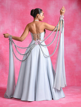 Icy blue corset lehenga set with cape