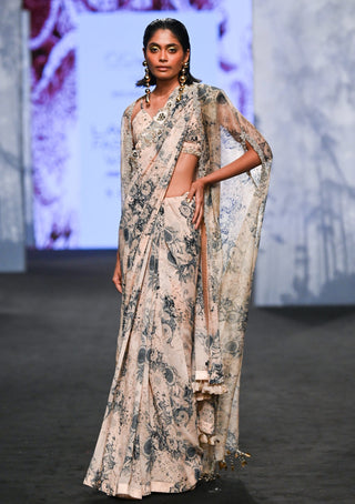 Bhumika Sharma-Champagne Blue Printed Sari And Cape Set-INDIASPOPUP.COM