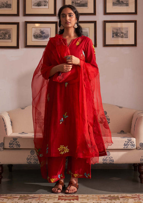 Red gul gurhal kurta set