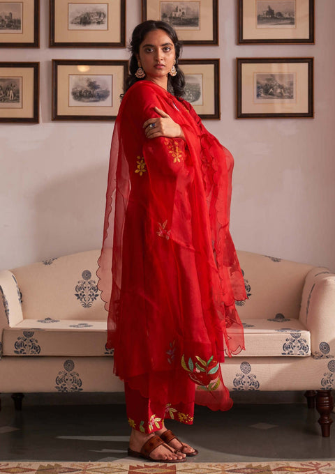 Red gul gurhal kurta set