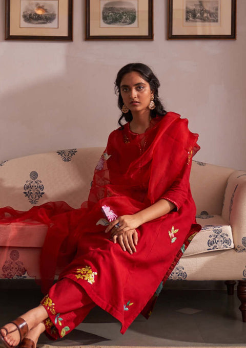 Red gul gurhal kurta set