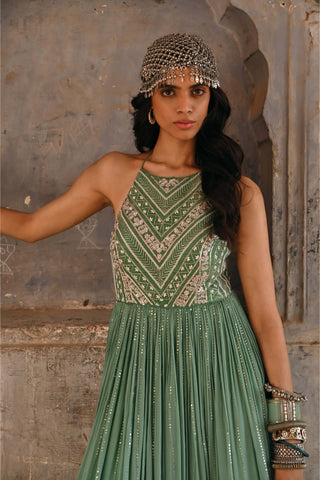 Chamee And Palak-Ezra Sage Green Dress-INDIASPOPUP.COM