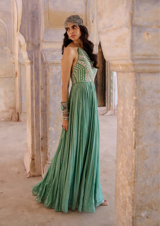 Chamee And Palak-Ezra Sage Green Dress-INDIASPOPUP.COM