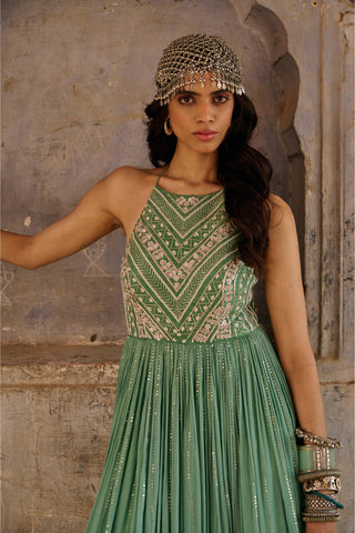 Chamee And Palak-Ezra Sage Green Dress-INDIASPOPUP.COM